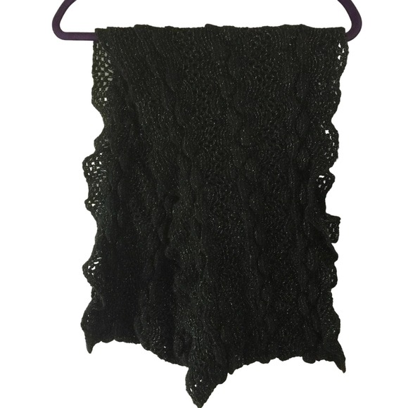 Ruffle Edge Black Soft Silver Metallic Thread Cable Knit Infinity Loop Scarf - Picture 5 of 10